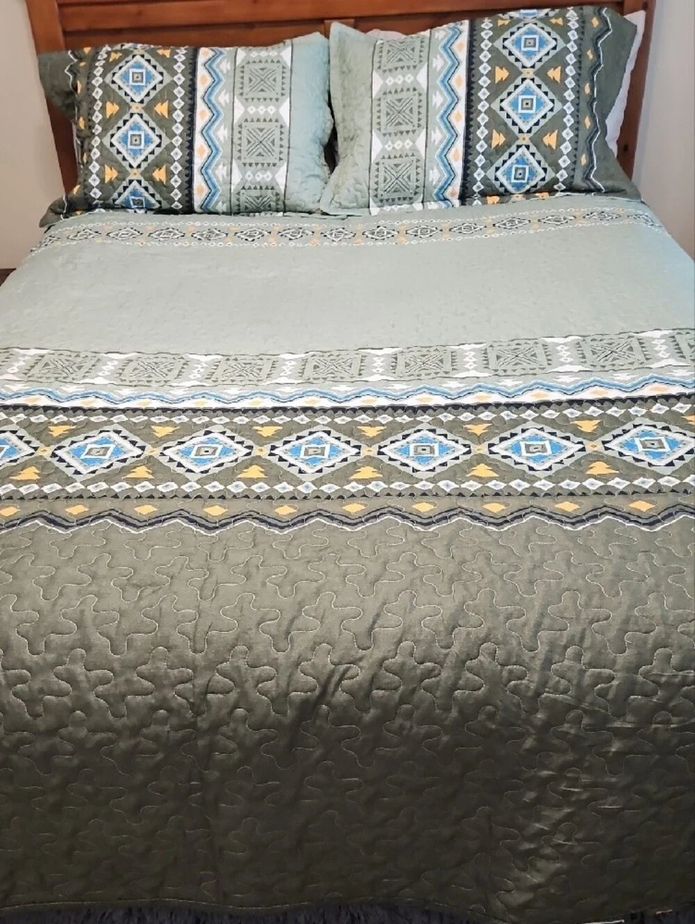 Quilted Bedspread Set in Sage Green and Gray Green with Blue and Yellow Accents